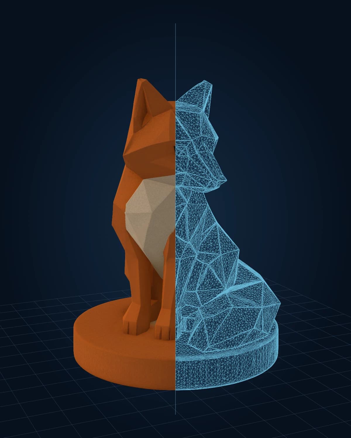 The same Fomrix fox in textured and wireframe views