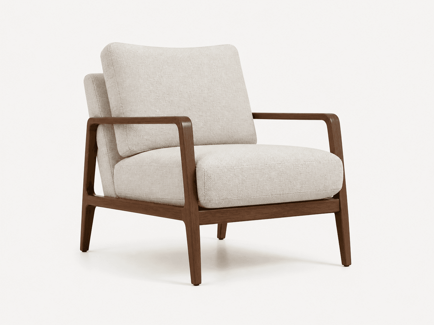 Original reference: a cream upholstered lounge chair with wooden arms and legs