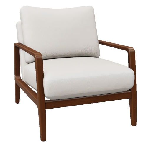 A real Fomrix image-generated lounge chair with cream cushions and a brown wooden frame