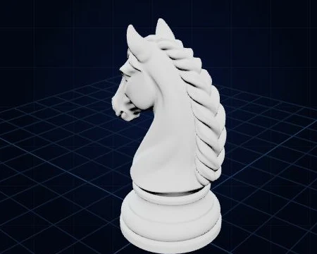 Fomrix Swift 3D 实际生成的国际象棋骑士，带雕刻鬃毛与圆形底座，仅几何白模